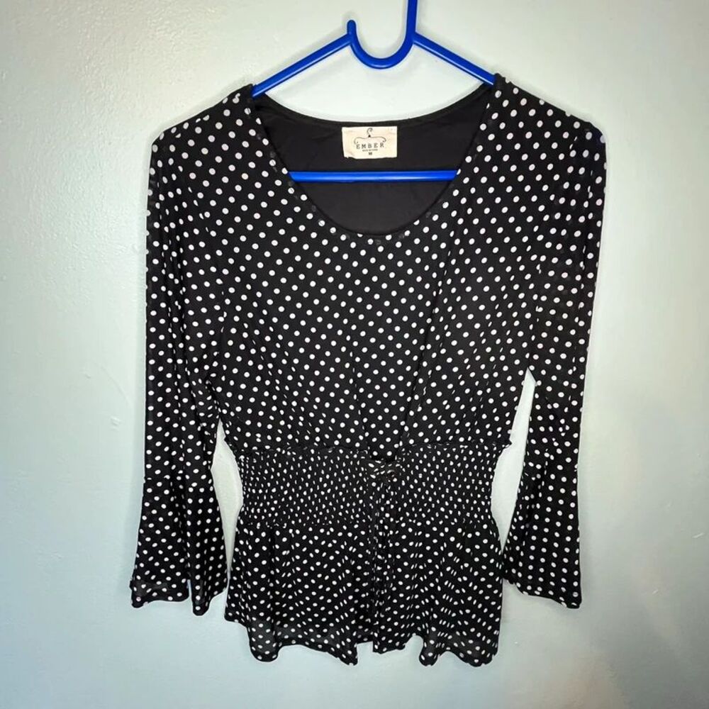 Black & White Polka Dot Peplum Blouse Top Long Sleeve Tie Waist